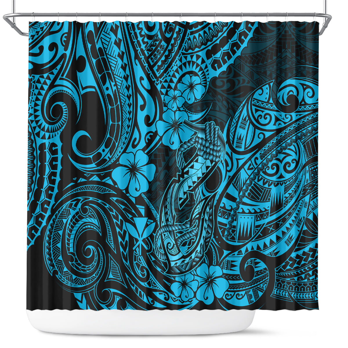 hawaii-fish-hook-shower-curtain-hibiscus-hawaii-tribal-tattoo-sky-blue-version