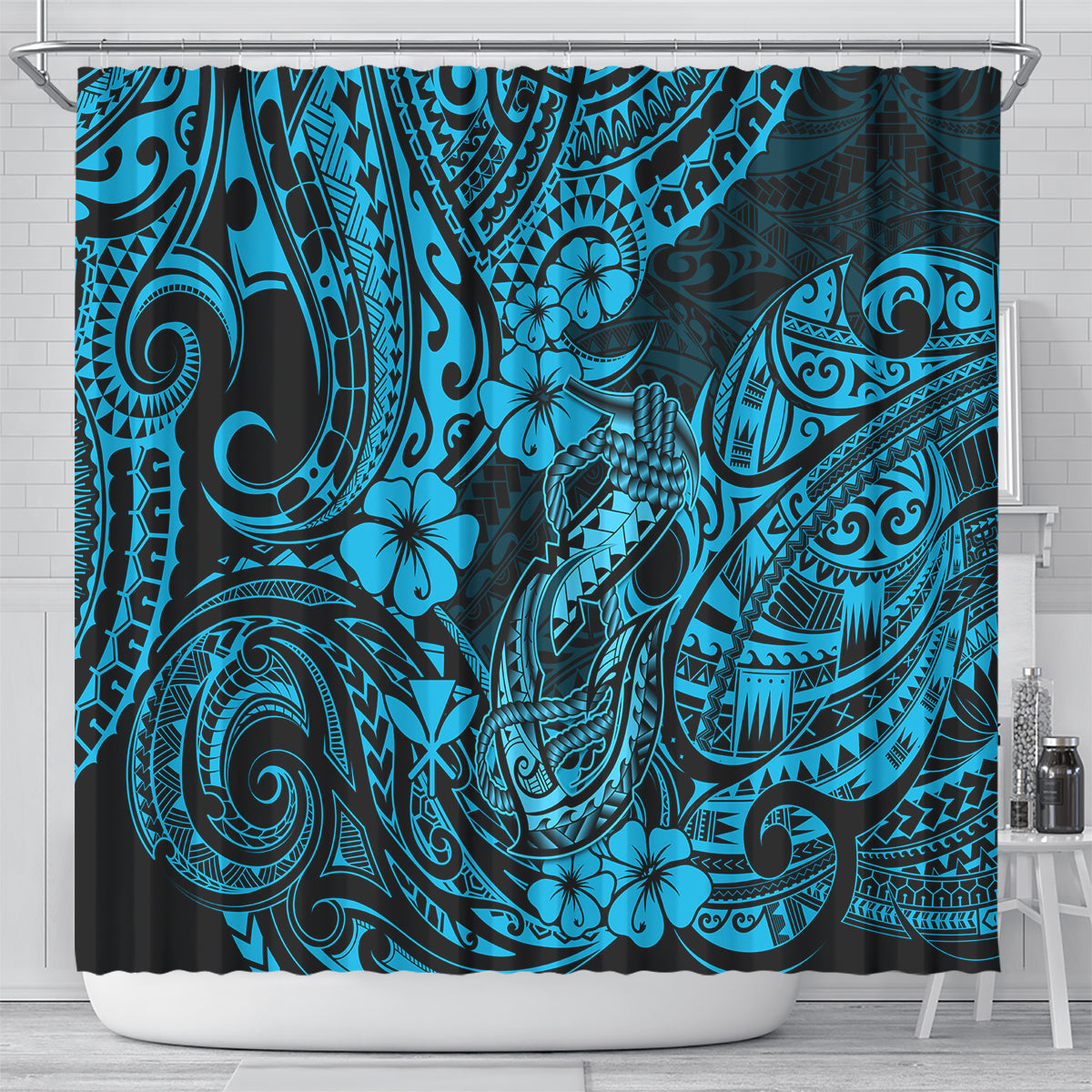 hawaii-fish-hook-shower-curtain-hibiscus-hawaii-tribal-tattoo-sky-blue-version