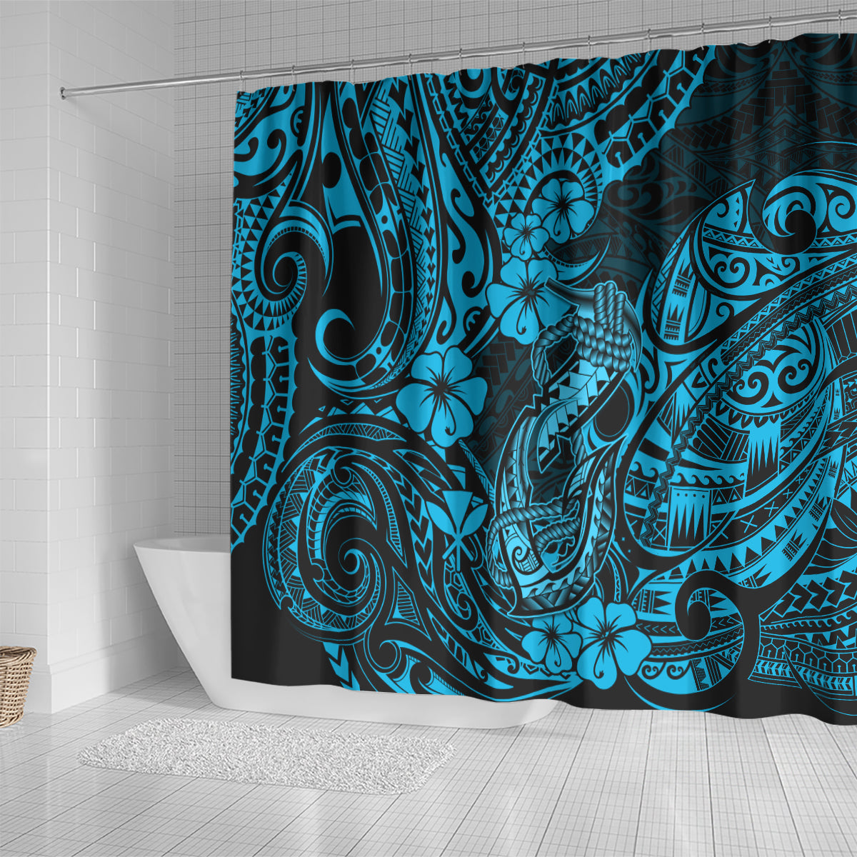 hawaii-fish-hook-shower-curtain-hibiscus-hawaii-tribal-tattoo-sky-blue-version