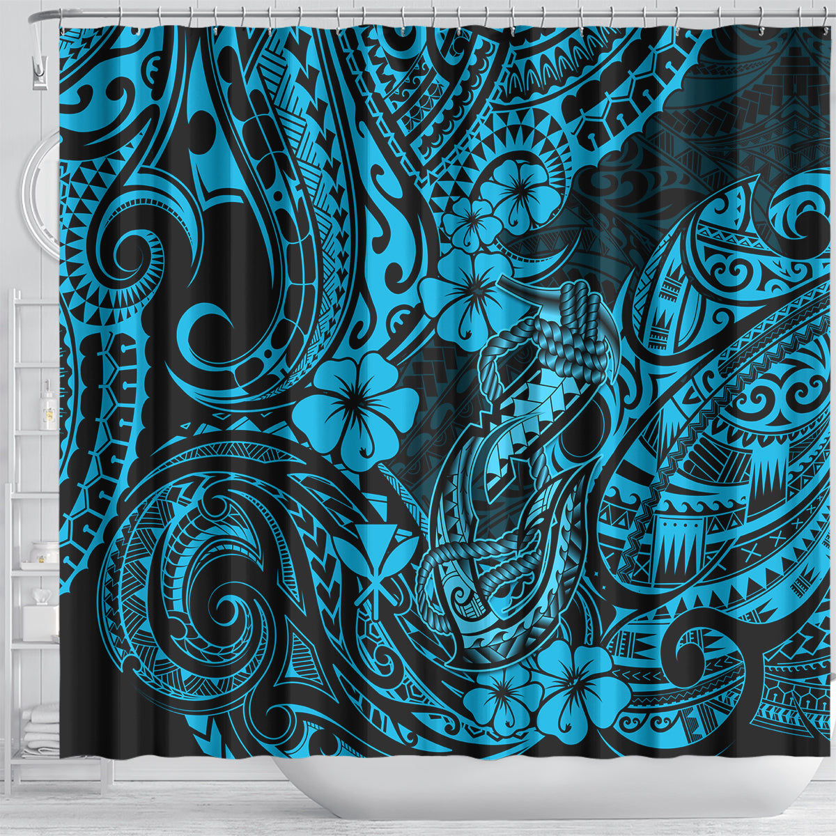 hawaii-fish-hook-shower-curtain-hibiscus-hawaii-tribal-tattoo-sky-blue-version