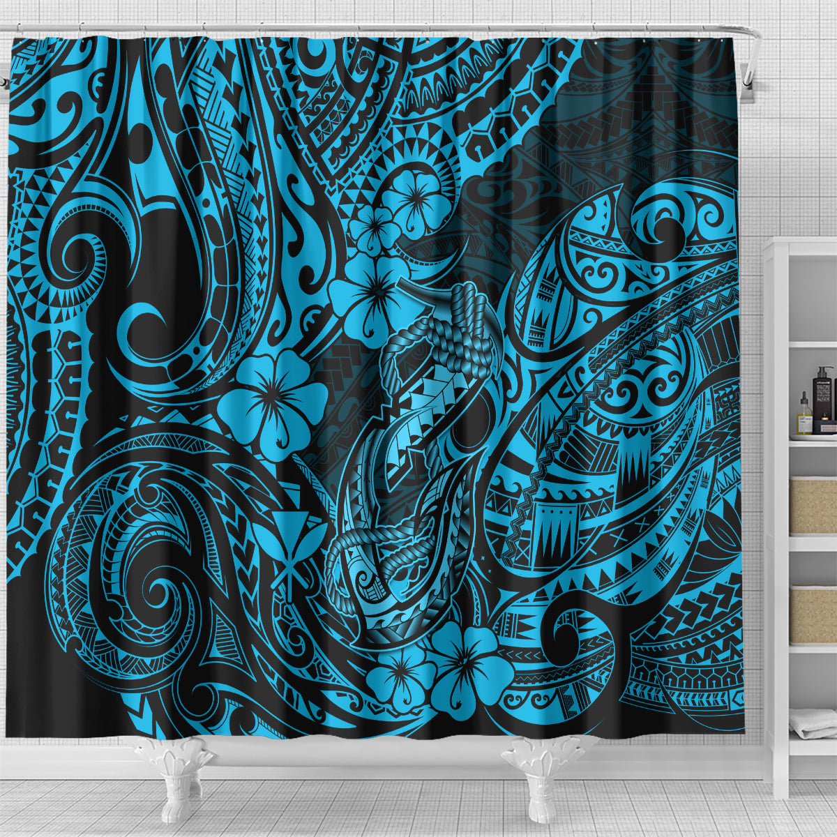 hawaii-fish-hook-shower-curtain-hibiscus-hawaii-tribal-tattoo-sky-blue-version