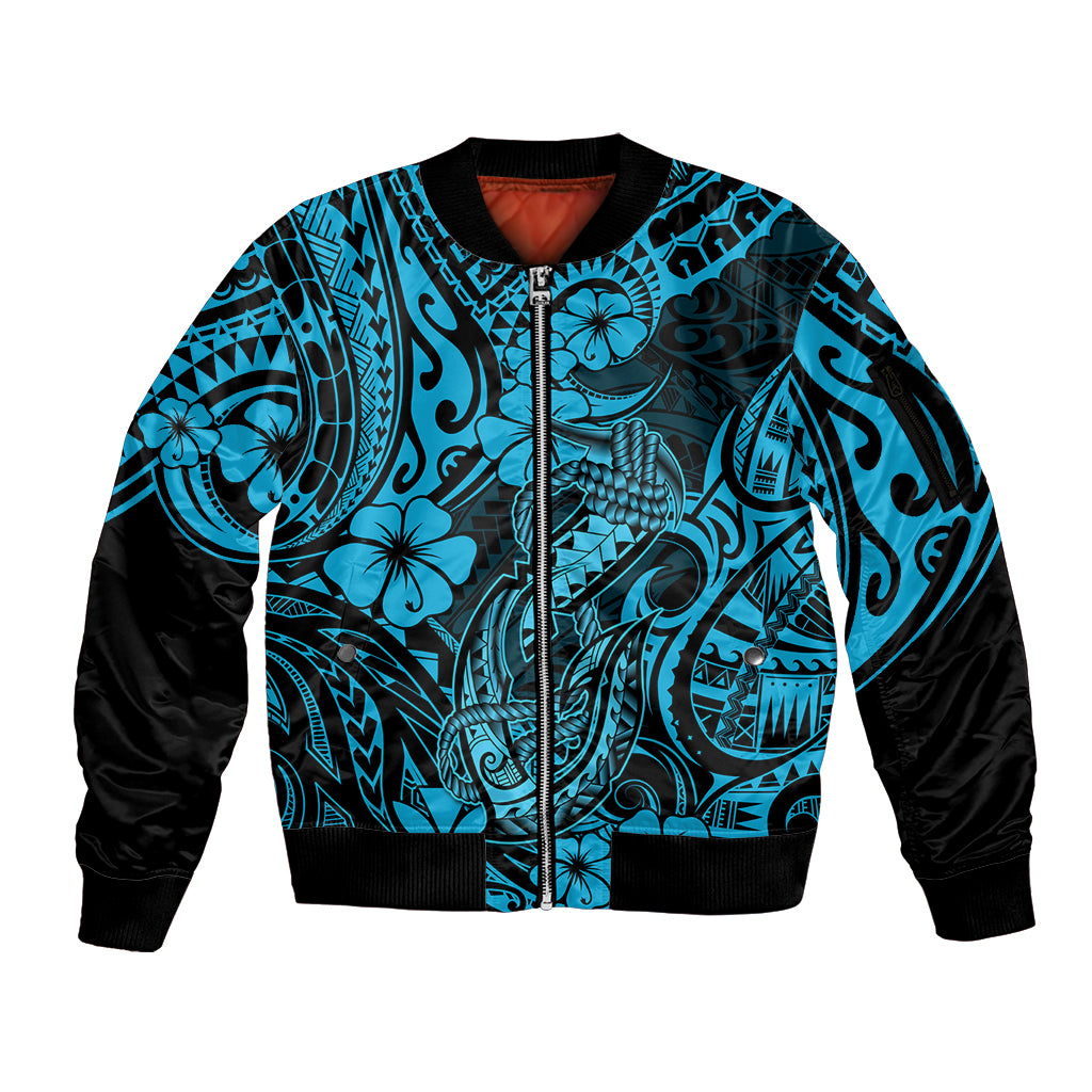 Hawaii Fish Hook Sleeve Zip Bomber Jacket Hibiscus Hawaii Tribal Tattoo Sky Blue Version - Wonder Print Shop