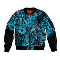 Hawaii Fish Hook Sleeve Zip Bomber Jacket Hibiscus Hawaii Tribal Tattoo Sky Blue Version - Wonder Print Shop
