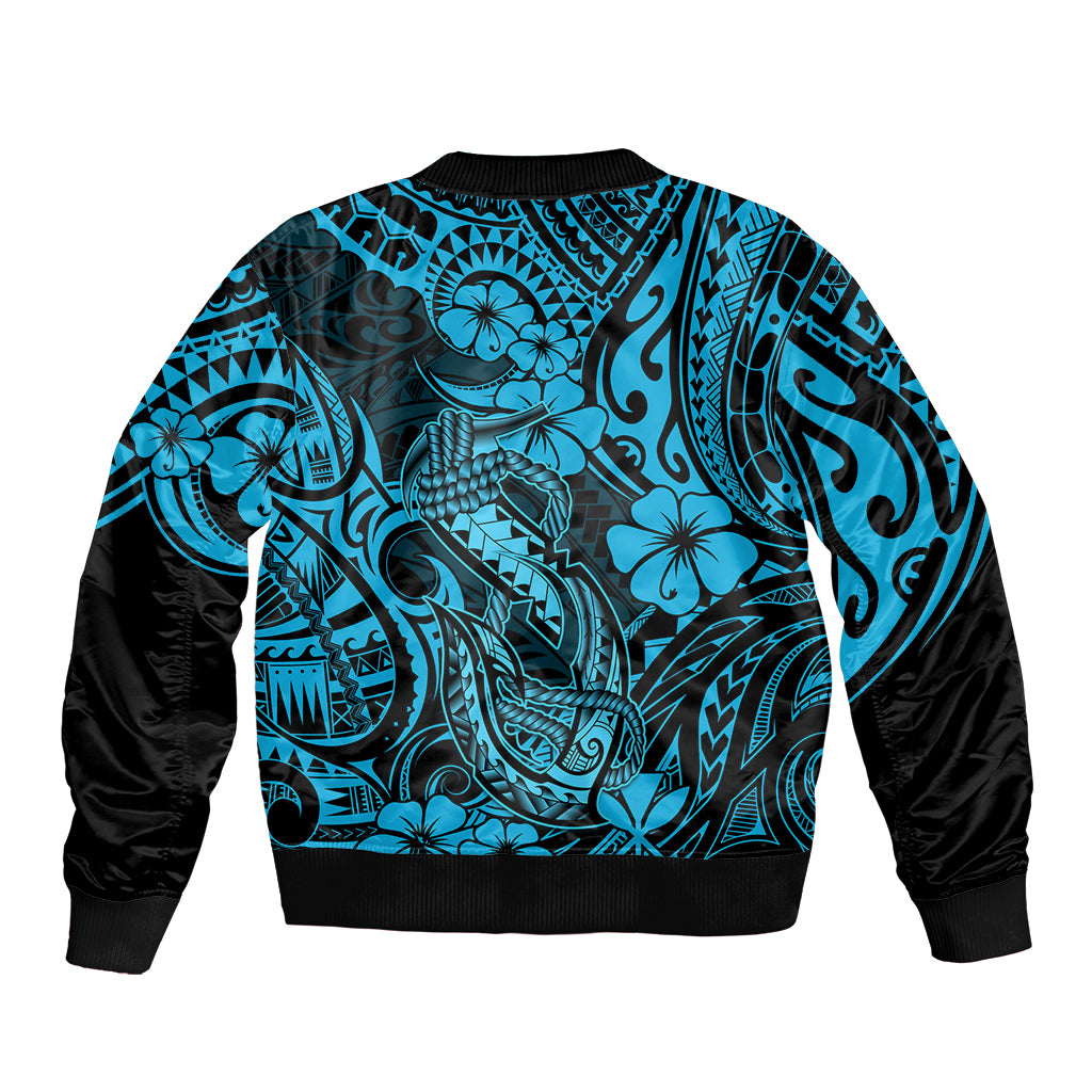 Hawaii Fish Hook Sleeve Zip Bomber Jacket Hibiscus Hawaii Tribal Tattoo Sky Blue Version - Wonder Print Shop
