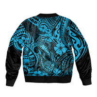 Hawaii Fish Hook Sleeve Zip Bomber Jacket Hibiscus Hawaii Tribal Tattoo Sky Blue Version - Wonder Print Shop
