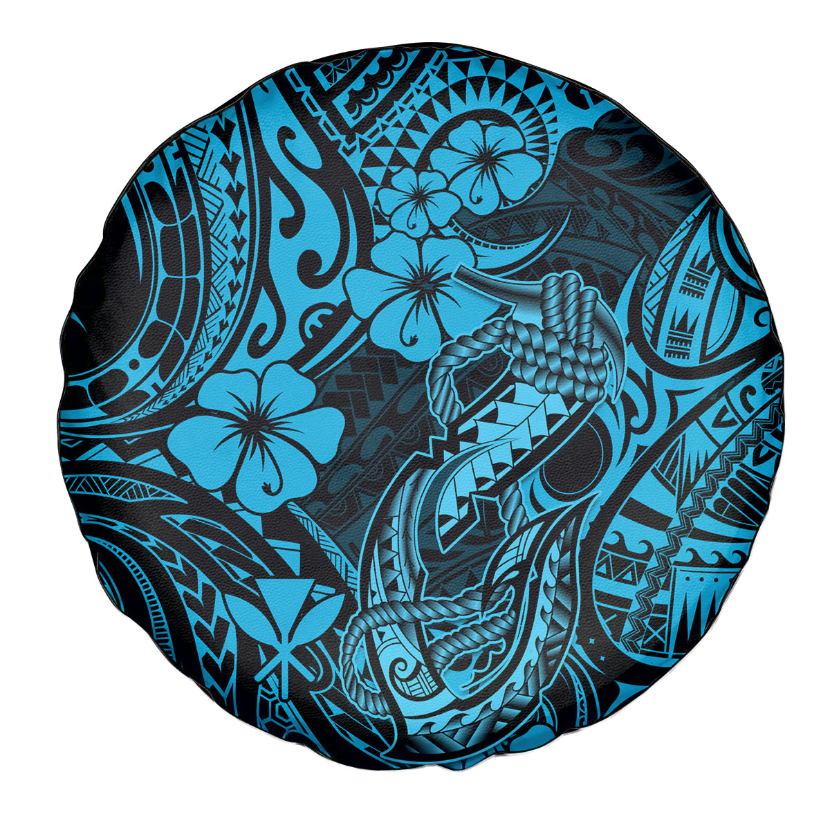 Hawaii Fish Hook Spare Tire Cover Hibiscus Hawaii Tribal Tattoo Sky Blue Version - Wonder Print Shop