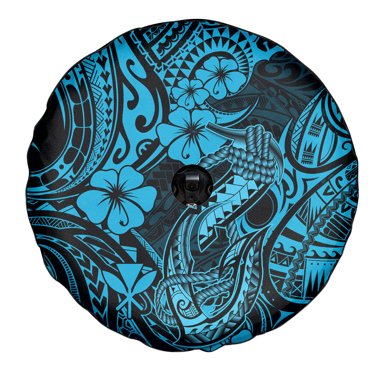 Hawaii Fish Hook Spare Tire Cover Hibiscus Hawaii Tribal Tattoo Sky Blue Version - Wonder Print Shop
