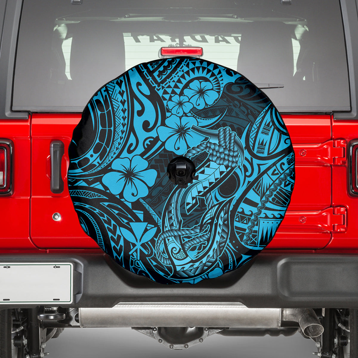 Hawaii Fish Hook Spare Tire Cover Hibiscus Hawaii Tribal Tattoo Sky Blue Version - Wonder Print Shop