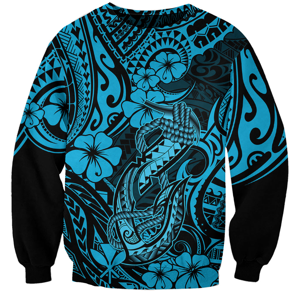 Hawaii Fish Hook Sweatshirt Hibiscus Hawaii Tribal Tattoo Sky Blue Version - Wonder Print Shop