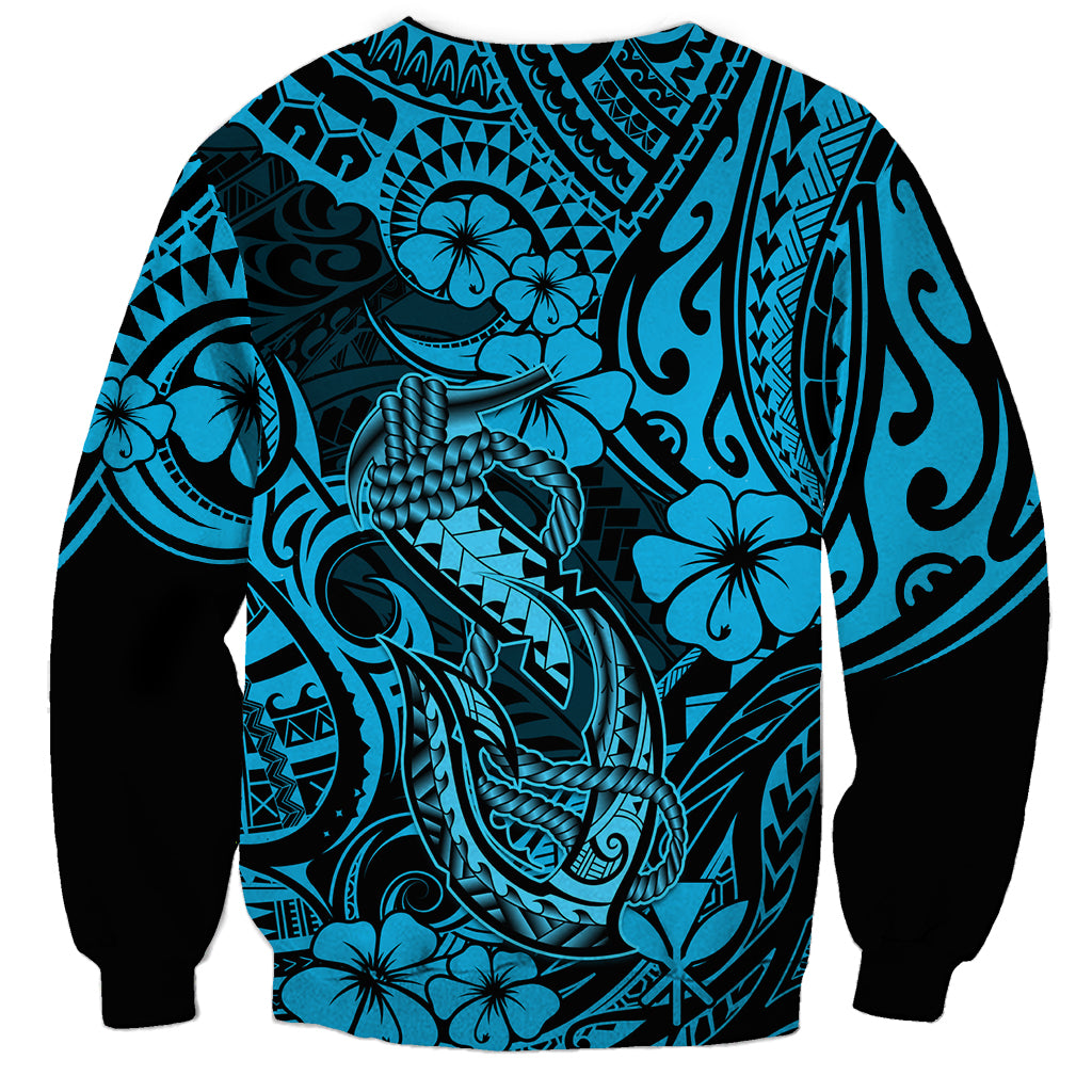 Hawaii Fish Hook Sweatshirt Hibiscus Hawaii Tribal Tattoo Sky Blue Version - Wonder Print Shop