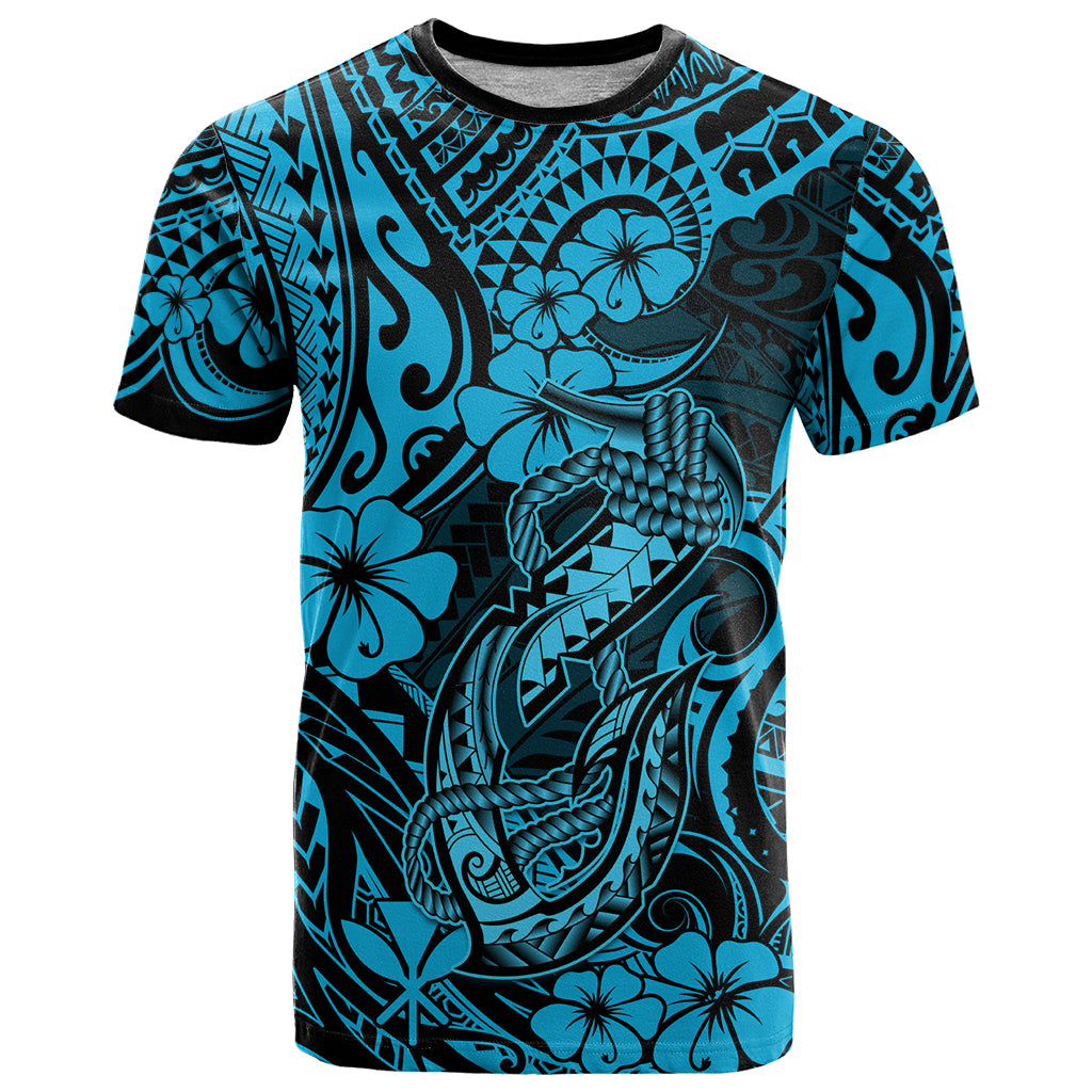Hawaii Fish Hook T Shirt Hibiscus Hawaii Tribal Tattoo Sky Blue Version - Wonder Print Shop
