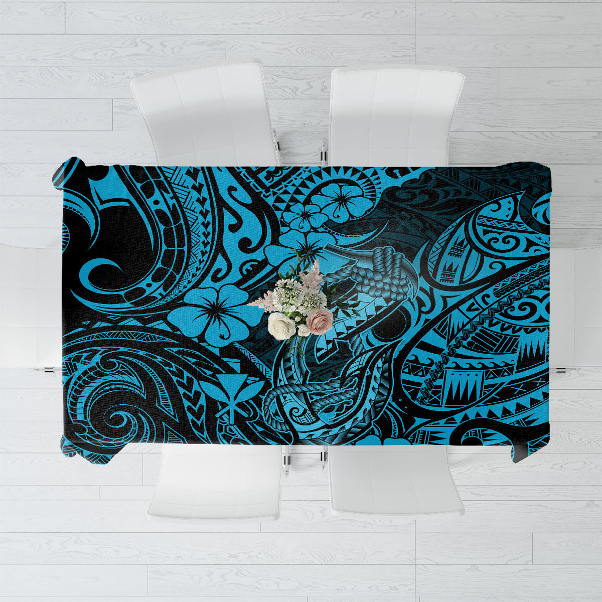 Hawaii Fish Hook Tablecloth Hibiscus Hawaii Tribal Tattoo Sky Blue Version - Wonder Print Shop