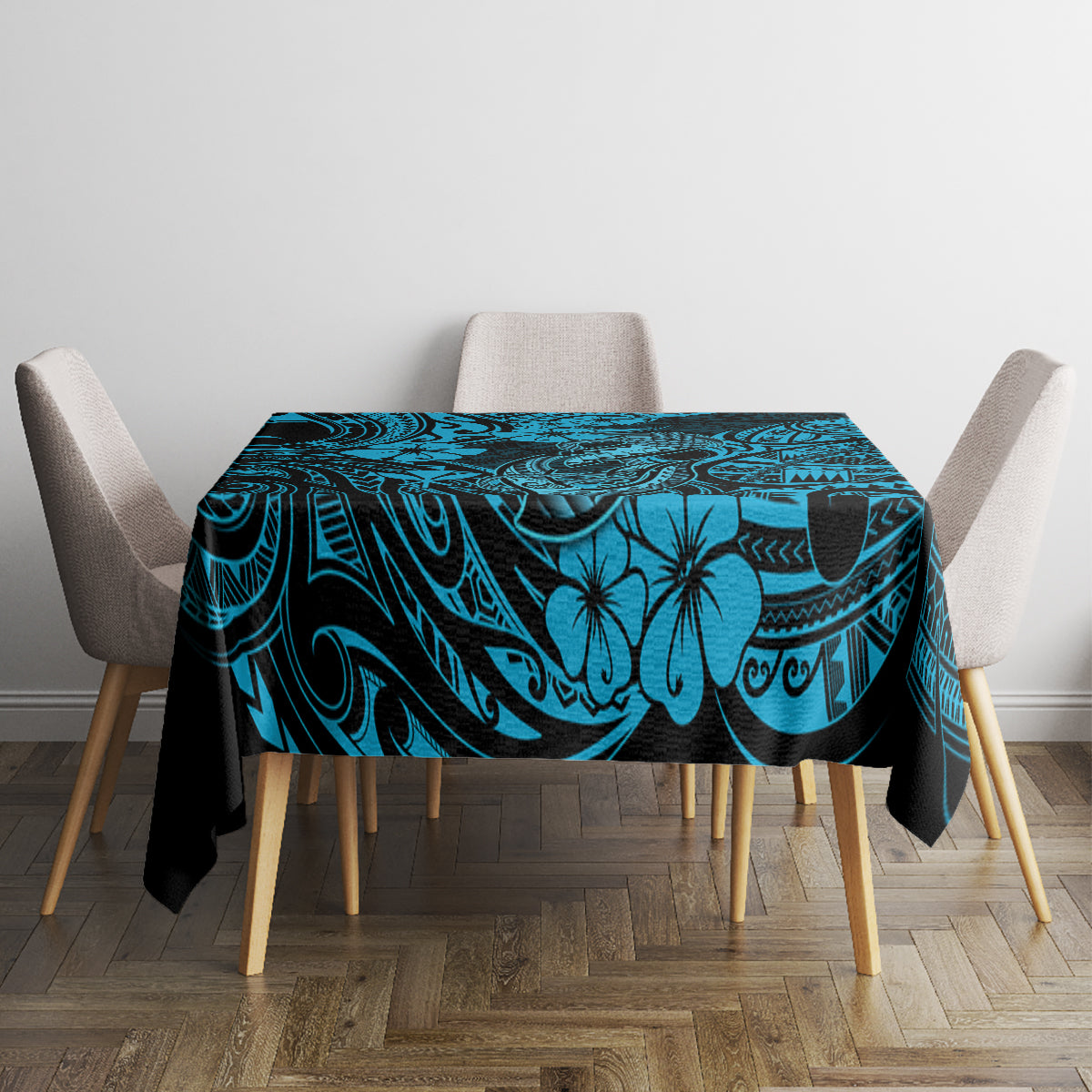 Hawaii Fish Hook Tablecloth Hibiscus Hawaii Tribal Tattoo Sky Blue Version - Wonder Print Shop