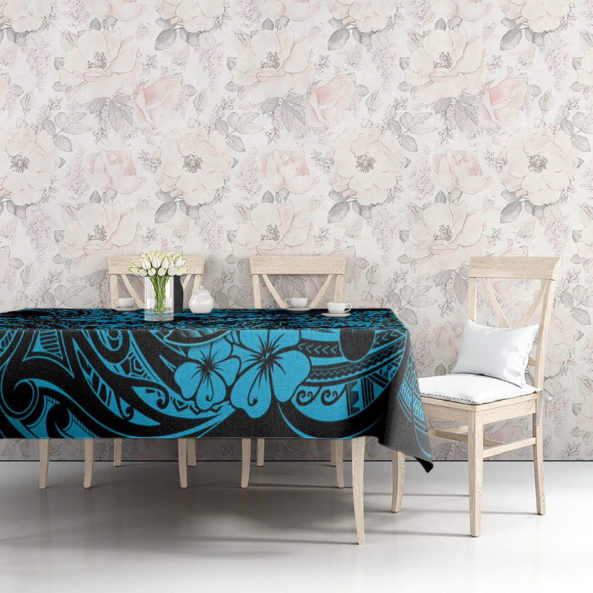 Hawaii Fish Hook Tablecloth Hibiscus Hawaii Tribal Tattoo Sky Blue Version - Wonder Print Shop