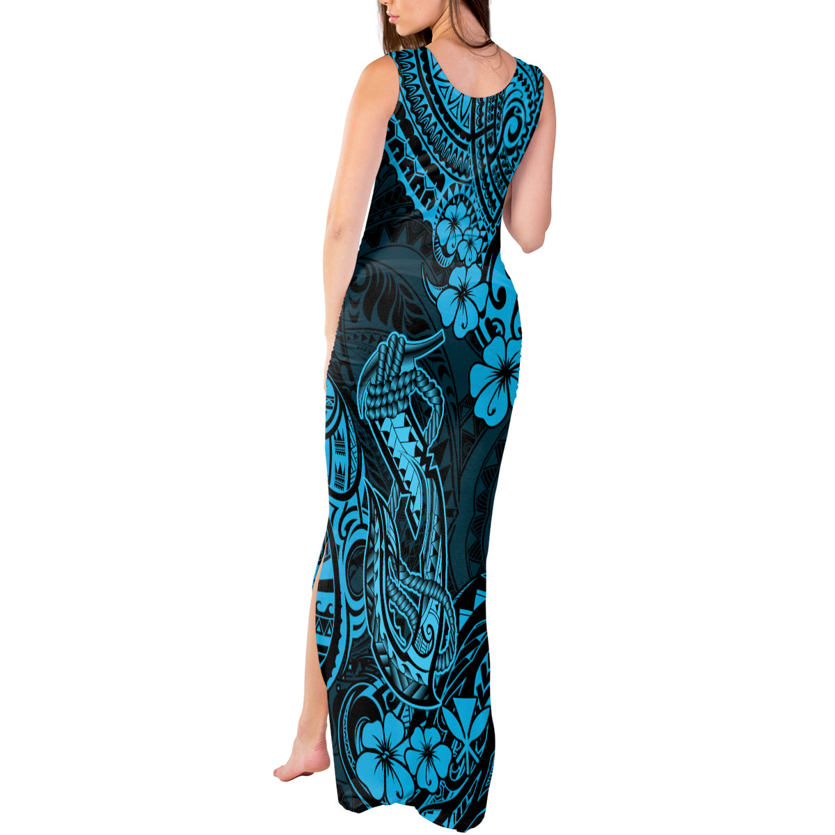 Hawaii Fish Hook Tank Maxi Dress Hibiscus Hawaii Tribal Tattoo Sky Blue Version - Wonder Print Shop