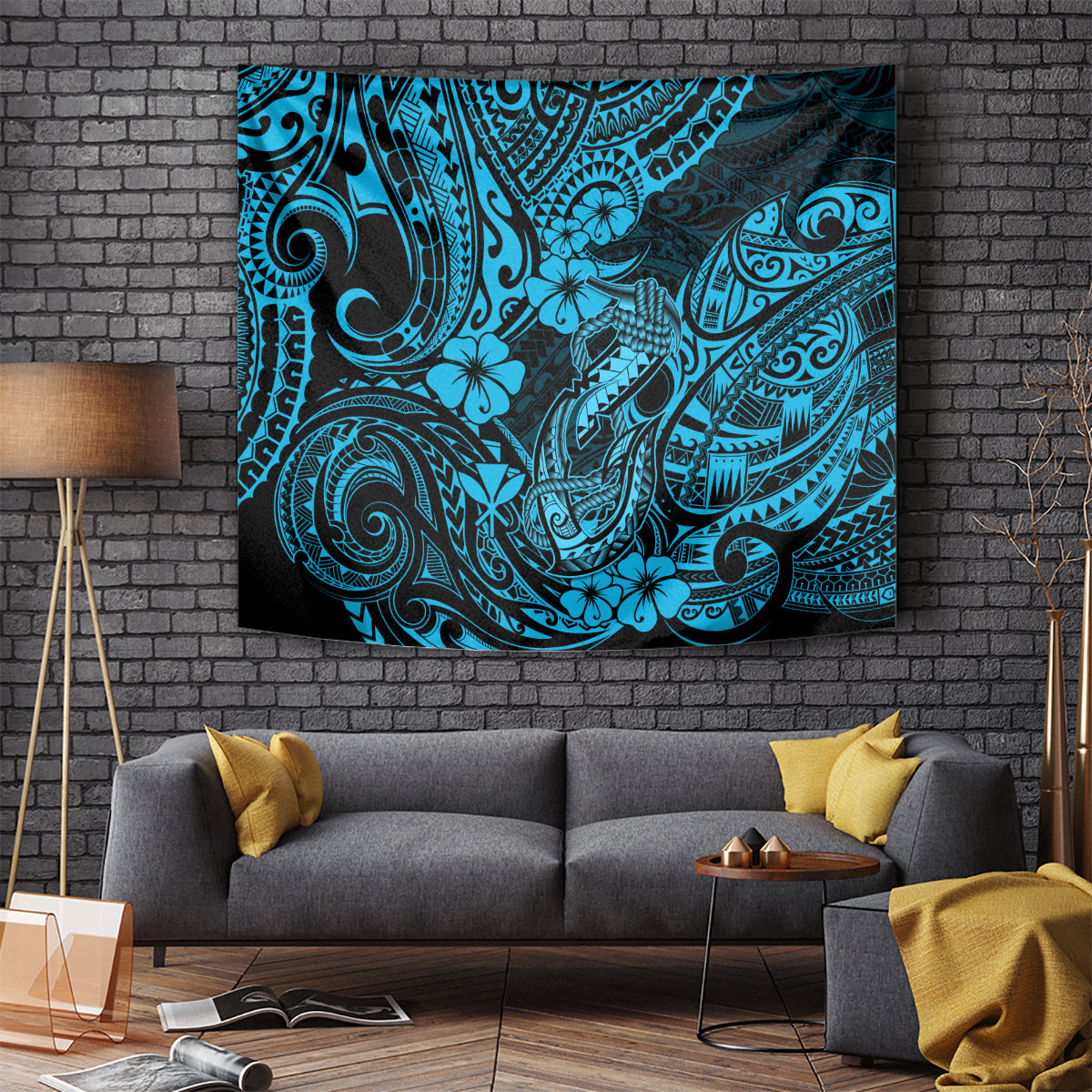 Hawaii Fish Hook Tapestry Hibiscus Hawaii Tribal Tattoo Sky Blue Version - Wonder Print Shop