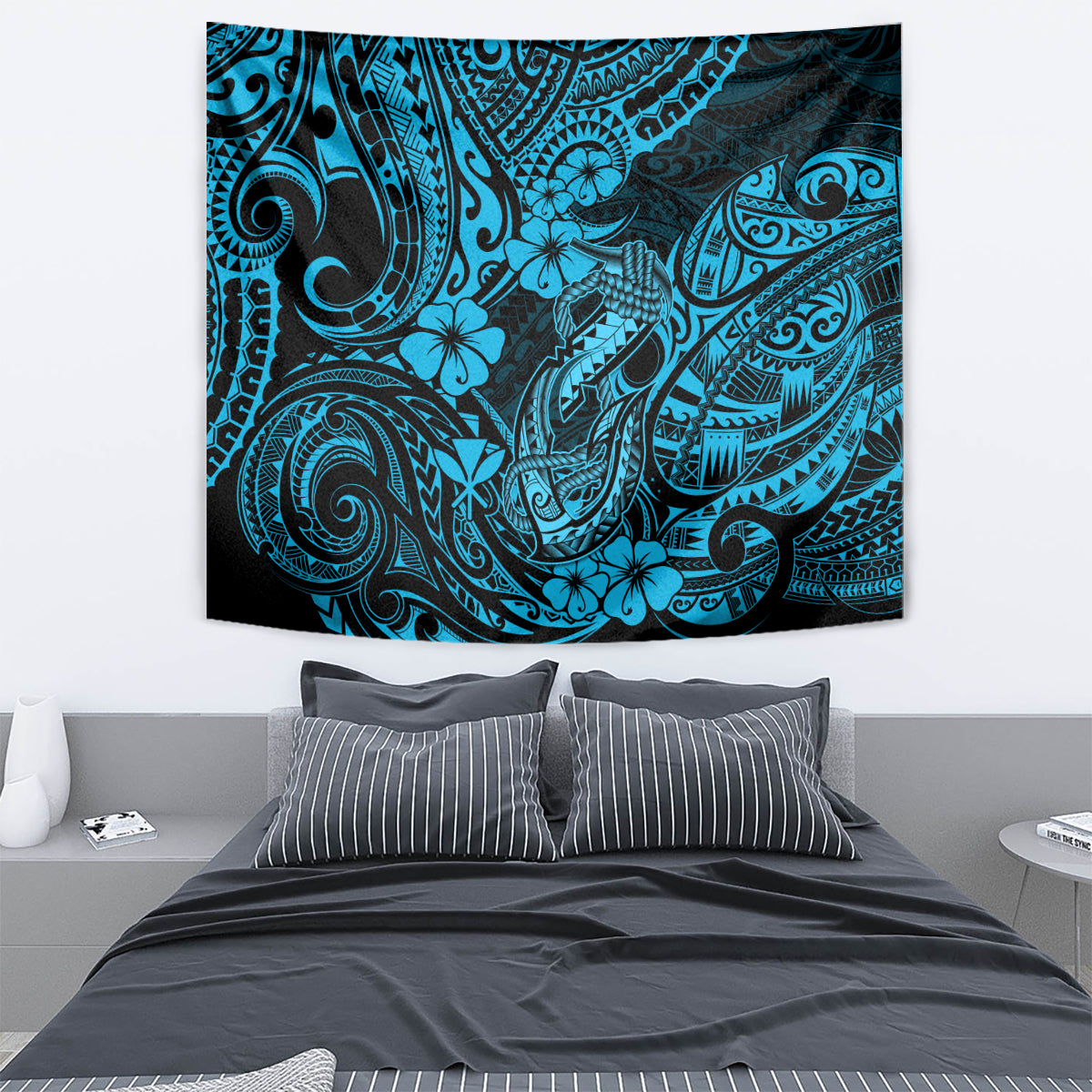 Hawaii Fish Hook Tapestry Hibiscus Hawaii Tribal Tattoo Sky Blue Version - Wonder Print Shop