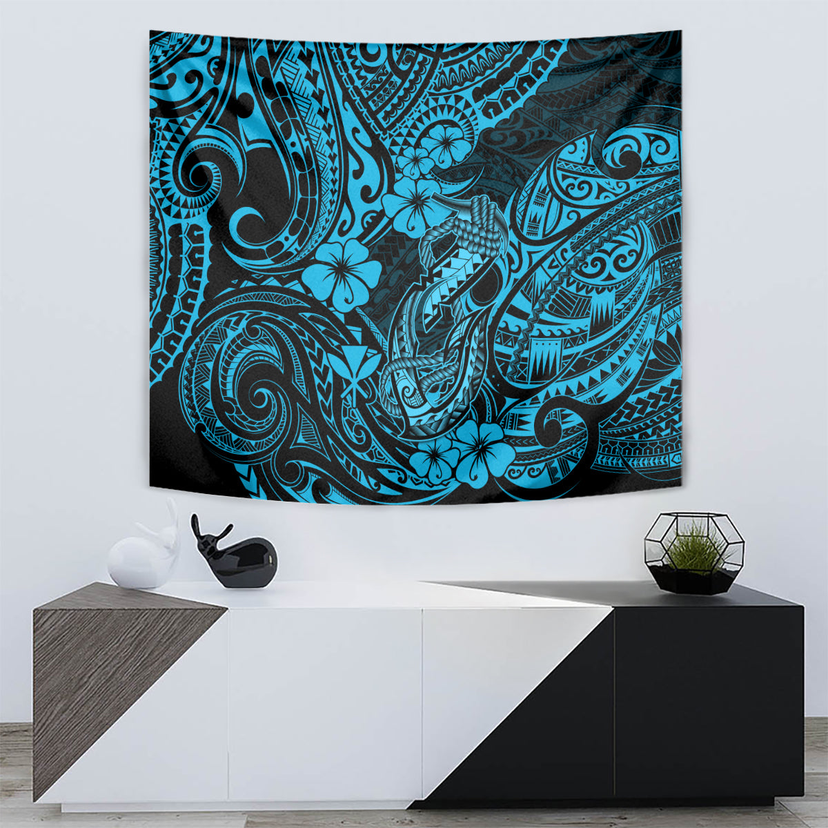 Hawaii Fish Hook Tapestry Hibiscus Hawaii Tribal Tattoo Sky Blue Version - Wonder Print Shop