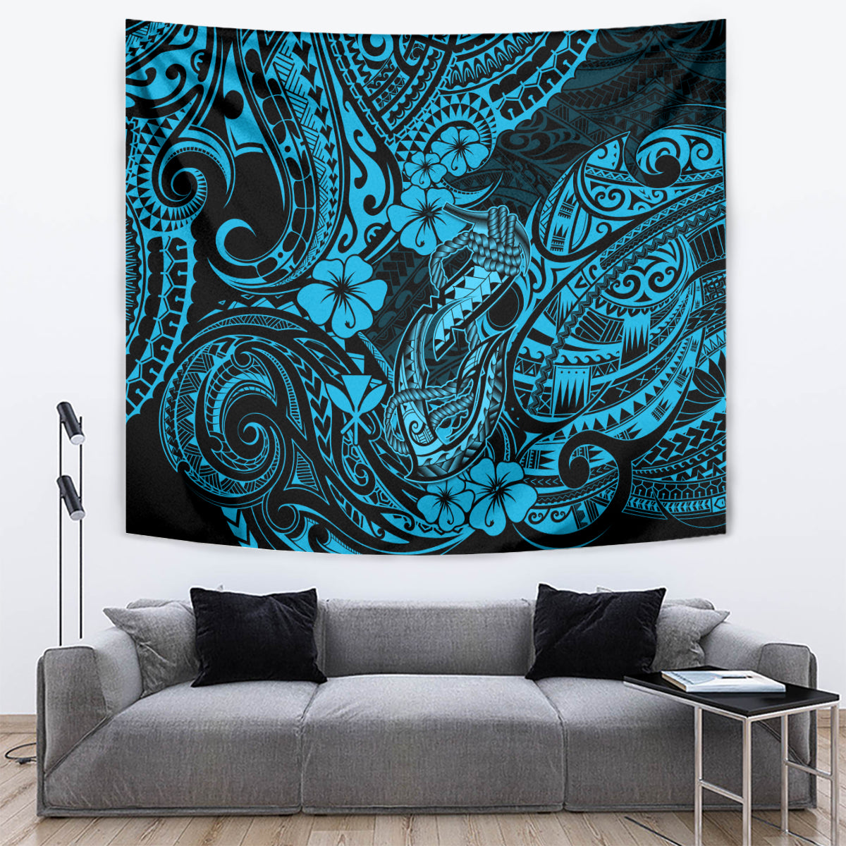 Hawaii Fish Hook Tapestry Hibiscus Hawaii Tribal Tattoo Sky Blue Version - Wonder Print Shop