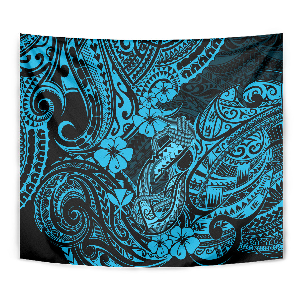 Hawaii Fish Hook Tapestry Hibiscus Hawaii Tribal Tattoo Sky Blue Version - Wonder Print Shop