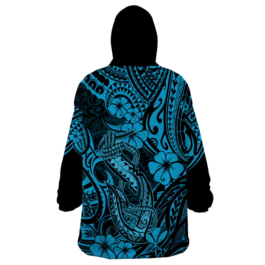 Hawaii Fish Hook Wearable Blanket Hoodie Hibiscus Hawaii Tribal Tattoo Sky Blue Version - Wonder Print Shop