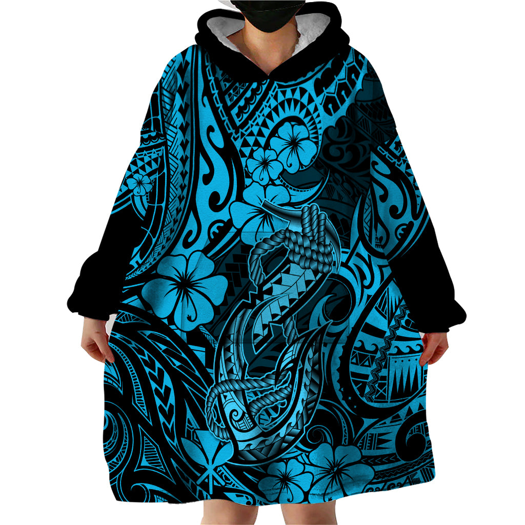 Hawaii Fish Hook Wearable Blanket Hoodie Hibiscus Hawaii Tribal Tattoo Sky Blue Version - Wonder Print Shop