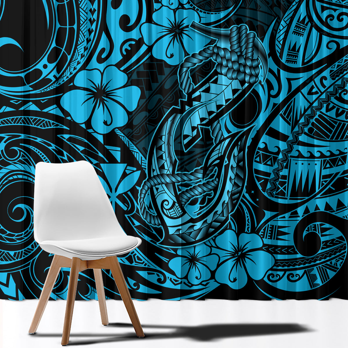 Hawaii Fish Hook Window Curtain Hibiscus Hawaii Tribal Tattoo Sky Blue Version - Wonder Print Shop