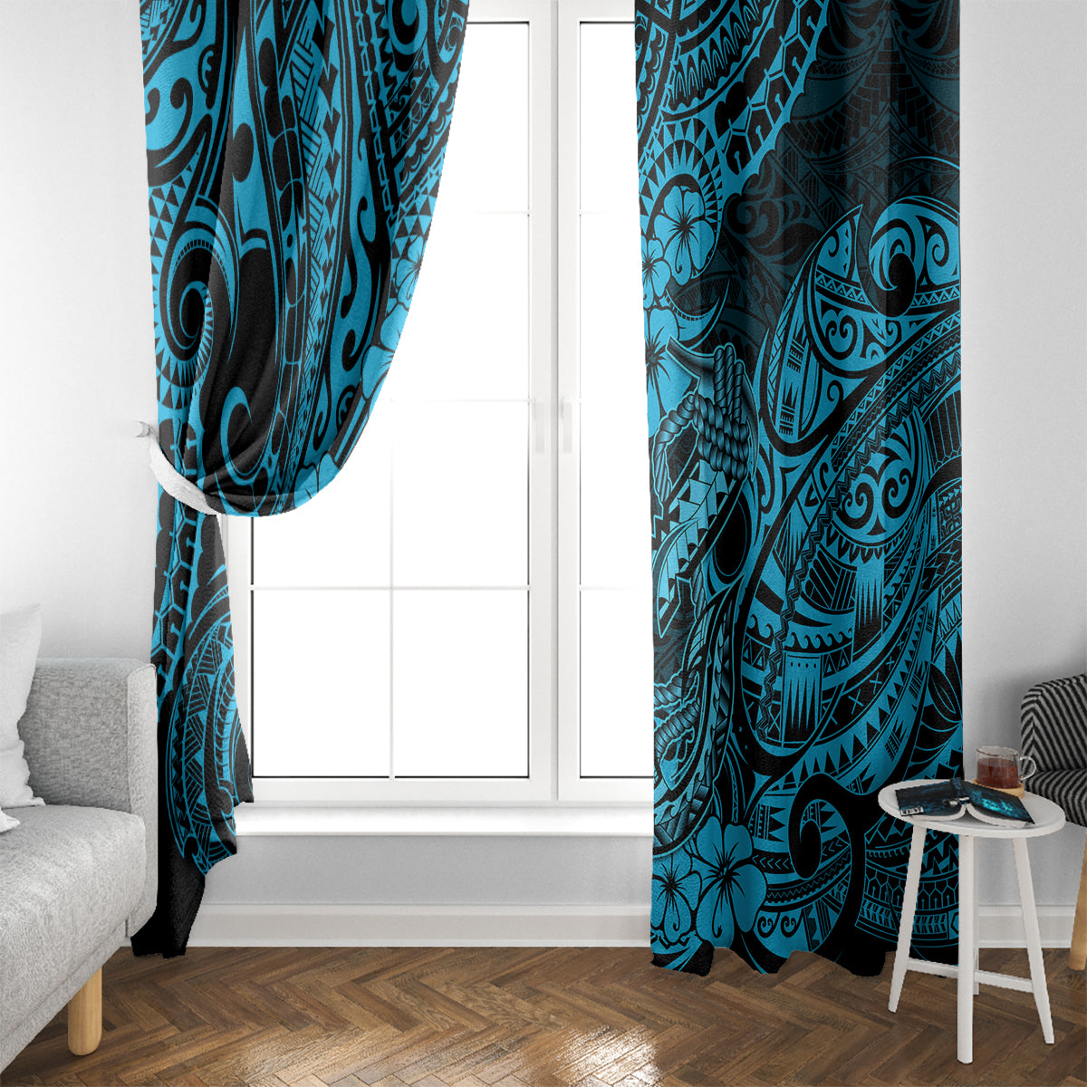 Hawaii Fish Hook Window Curtain Hibiscus Hawaii Tribal Tattoo Sky Blue Version - Wonder Print Shop