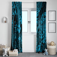 Hawaii Fish Hook Window Curtain Hibiscus Hawaii Tribal Tattoo Sky Blue Version - Wonder Print Shop