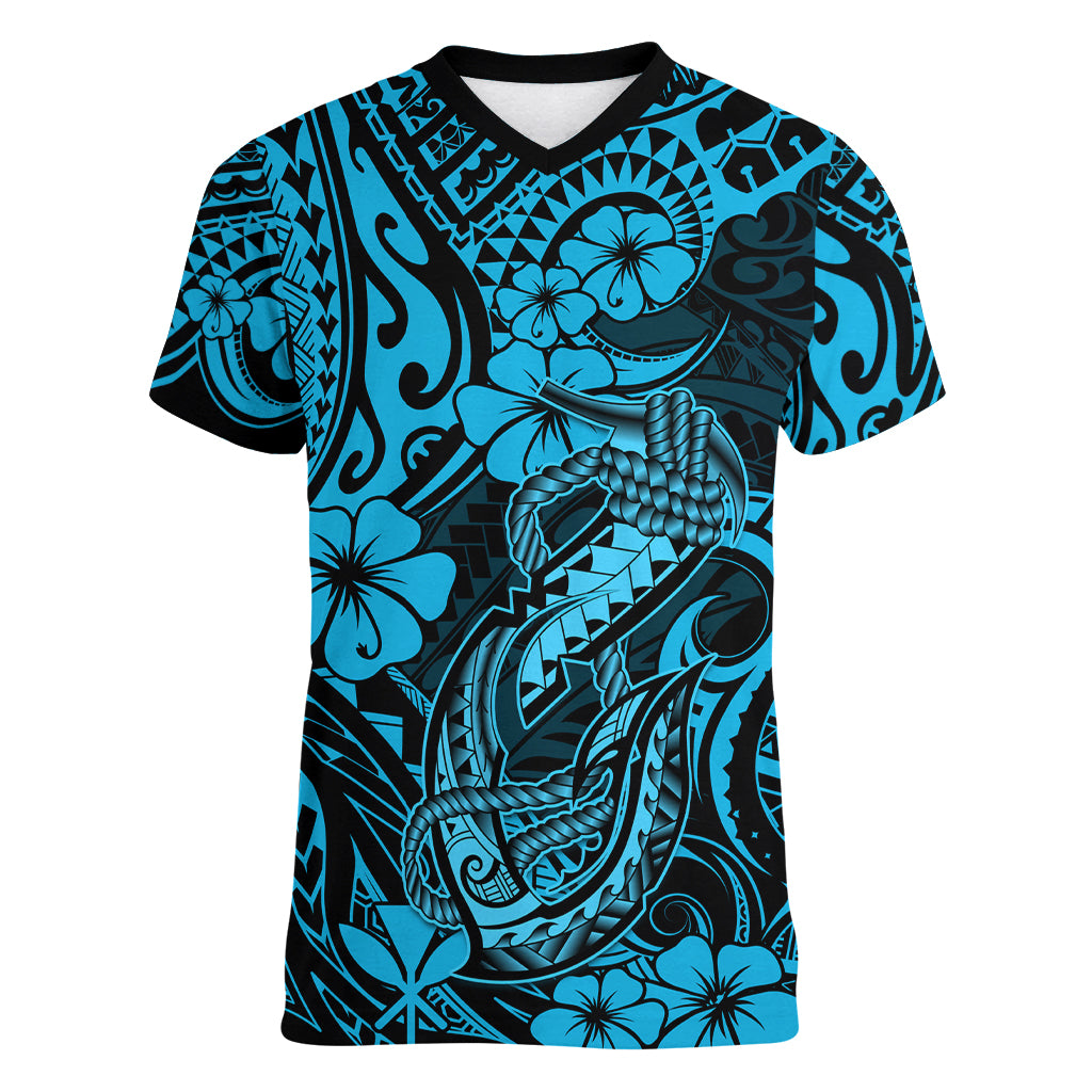 Hawaii Fish Hook Women V Neck T Shirt Hibiscus Hawaii Tribal Tattoo Sky Blue Version - Wonder Print Shop
