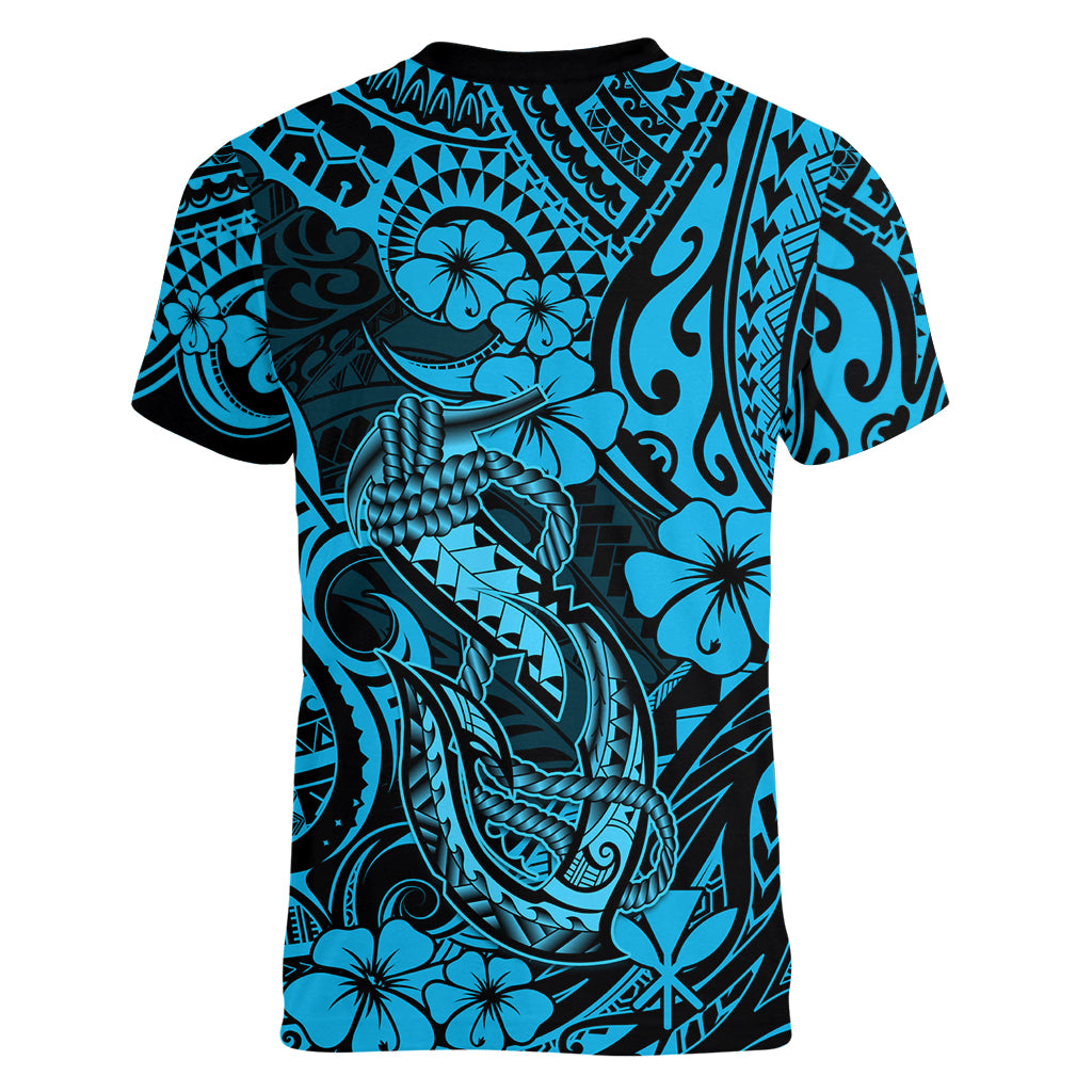 Hawaii Fish Hook Women V Neck T Shirt Hibiscus Hawaii Tribal Tattoo Sky Blue Version - Wonder Print Shop