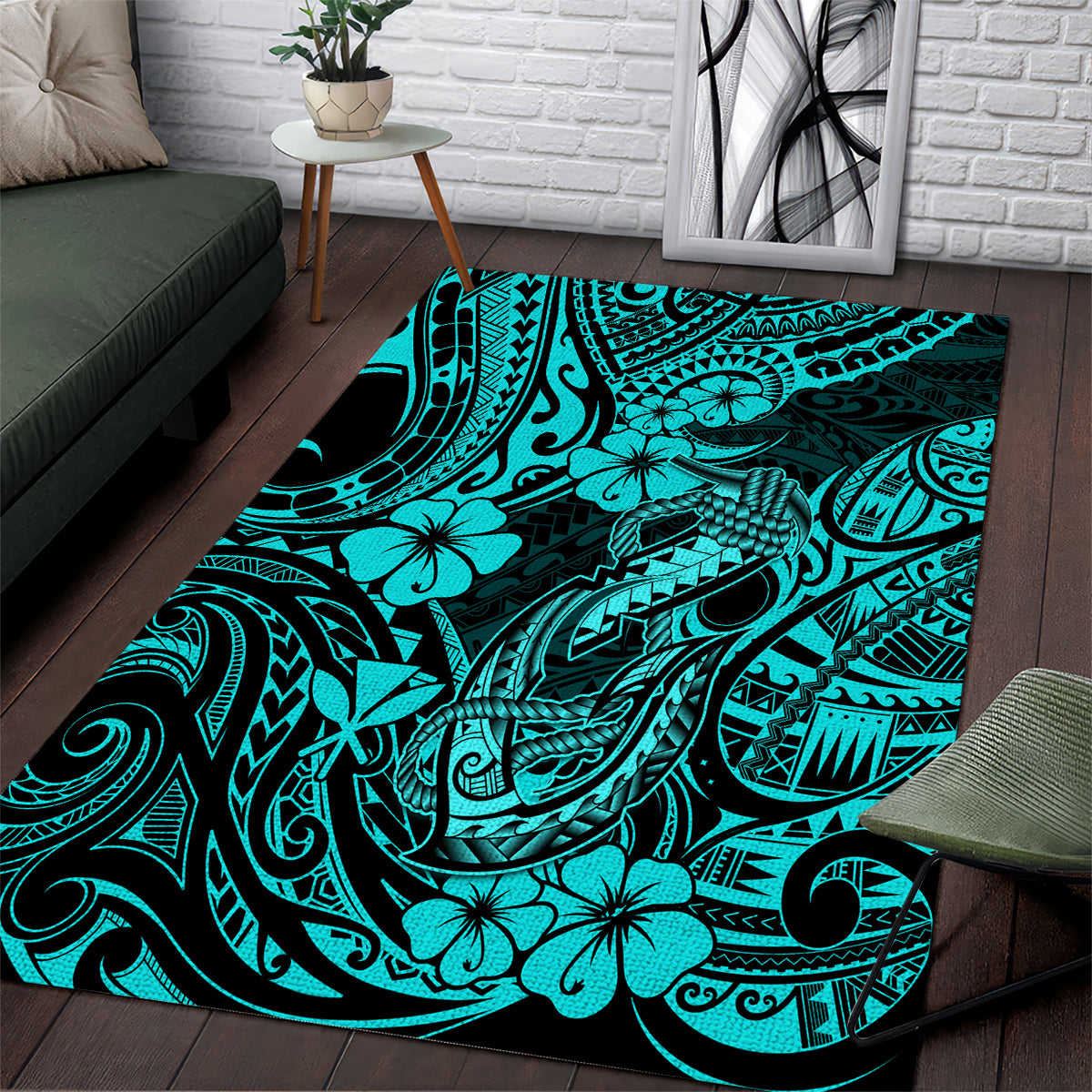 Hawaii Fish Hook Area Rug Hibiscus Hawaii Tribal Tattoo Turquoise Version - Wonder Print Shop