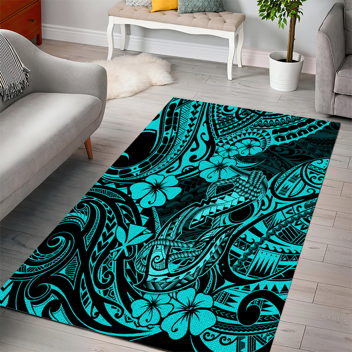 Hawaii Fish Hook Area Rug Hibiscus Hawaii Tribal Tattoo Turquoise Version - Wonder Print Shop
