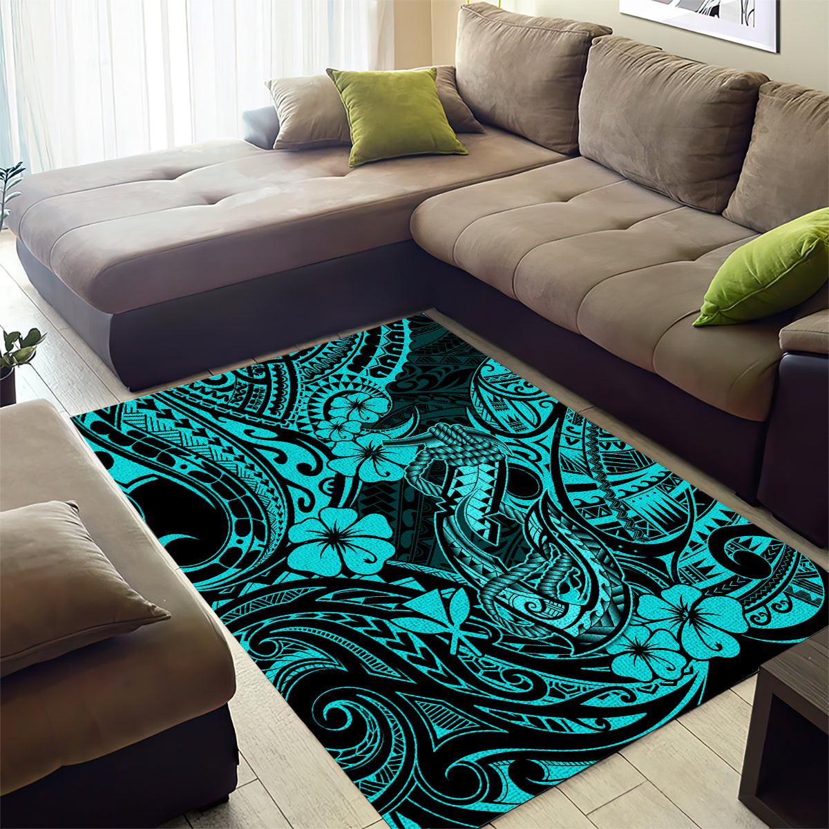 Hawaii Fish Hook Area Rug Hibiscus Hawaii Tribal Tattoo Turquoise Version - Wonder Print Shop