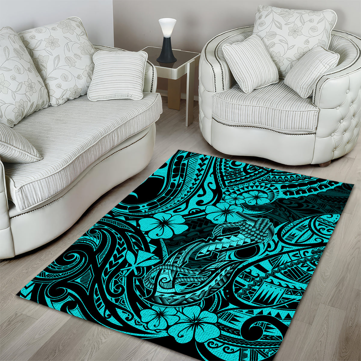 Hawaii Fish Hook Area Rug Hibiscus Hawaii Tribal Tattoo Turquoise Version - Wonder Print Shop