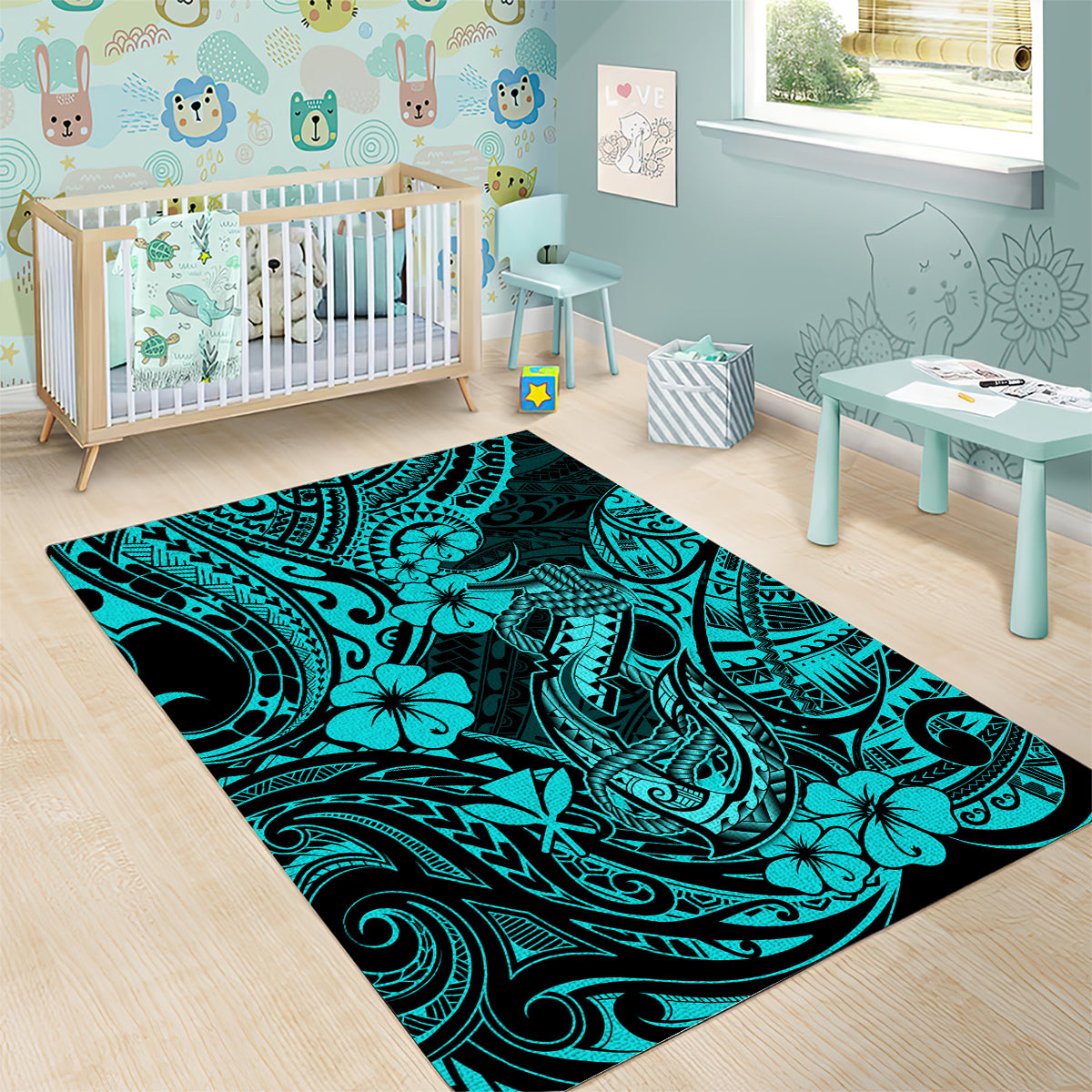 Hawaii Fish Hook Area Rug Hibiscus Hawaii Tribal Tattoo Turquoise Version - Wonder Print Shop