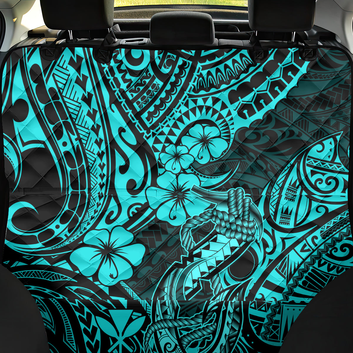 Hawaii Fish Hook Back Car Seat Cover Hibiscus Hawaii Tribal Tattoo Turquoise Version - Wonder Print Shop