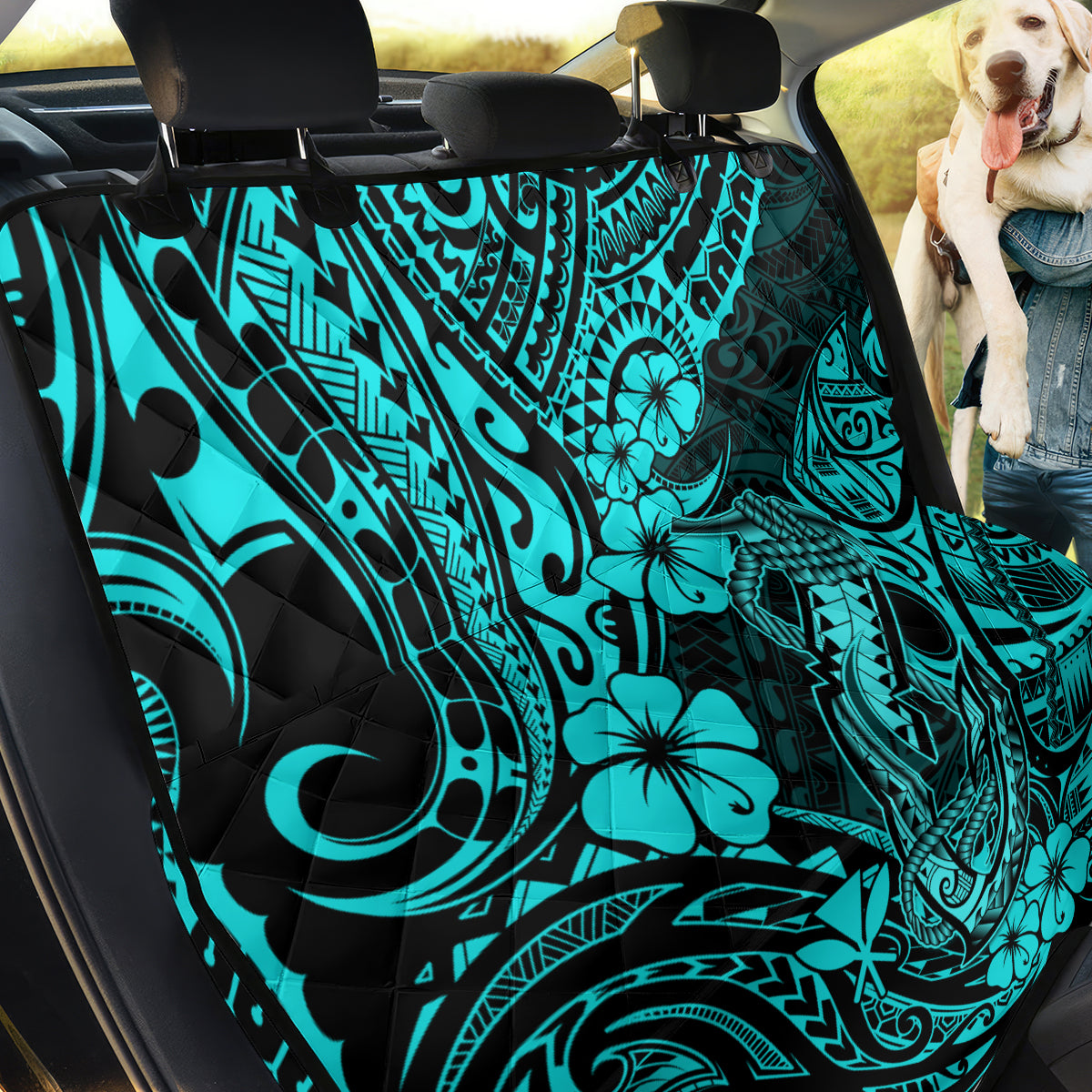 Hawaii Fish Hook Back Car Seat Cover Hibiscus Hawaii Tribal Tattoo Turquoise Version - Wonder Print Shop