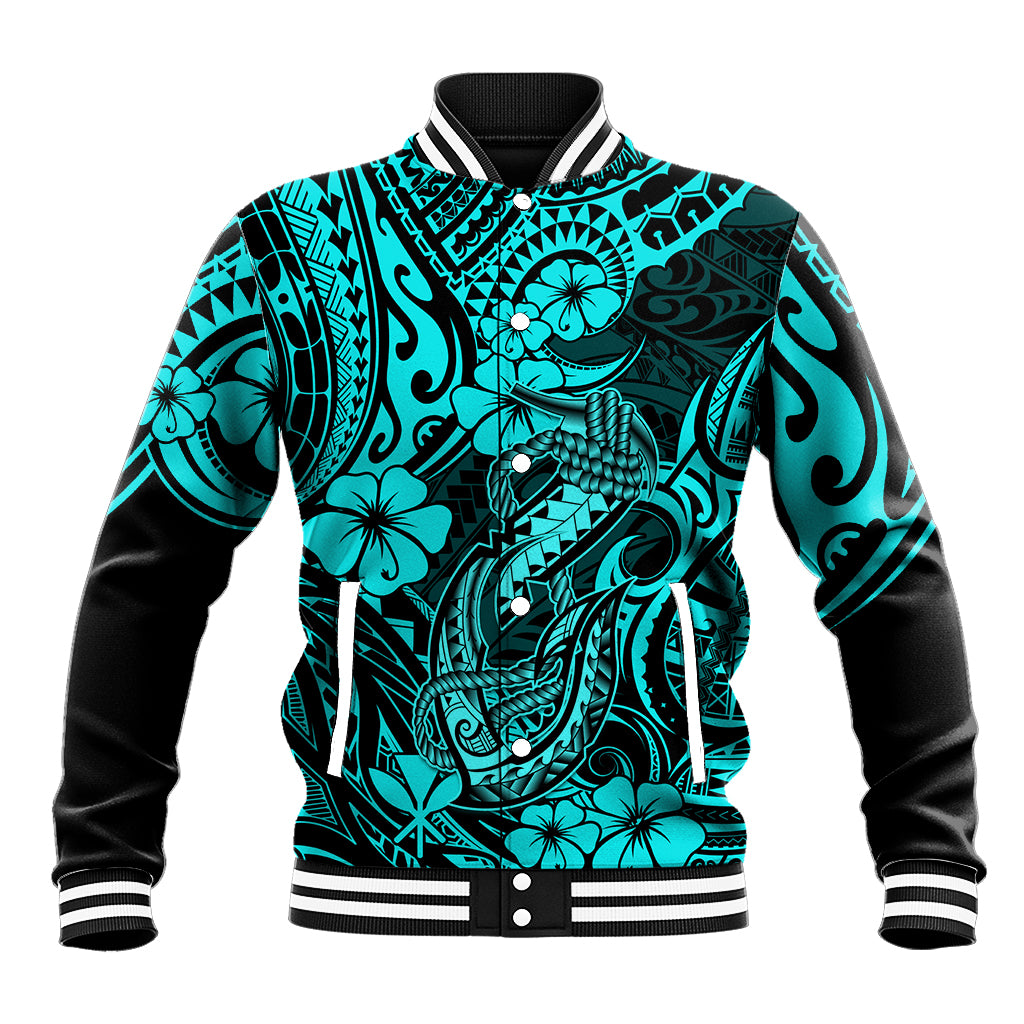 Hawaii Fish Hook Baseball Jacket Hibiscus Hawaii Tribal Tattoo Turquoise Version - Wonder Print Shop