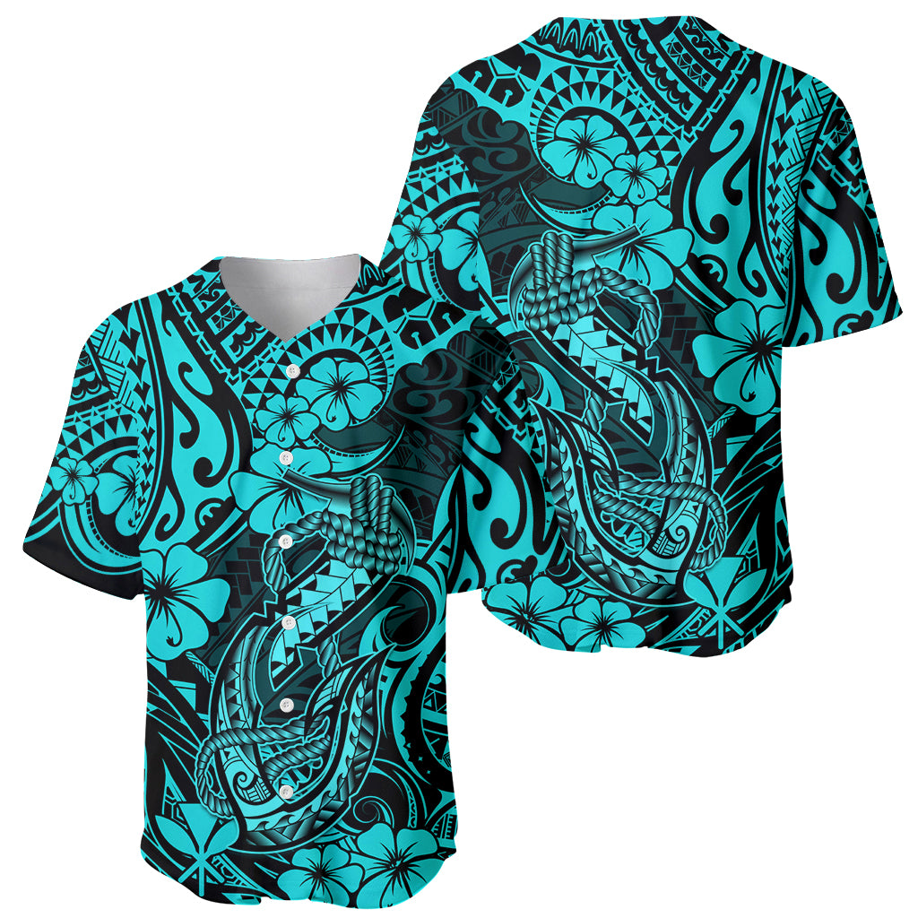 Hawaii Fish Hook Baseball Jersey Hibiscus Hawaii Tribal Tattoo Turquoise Version - Wonder Print Shop