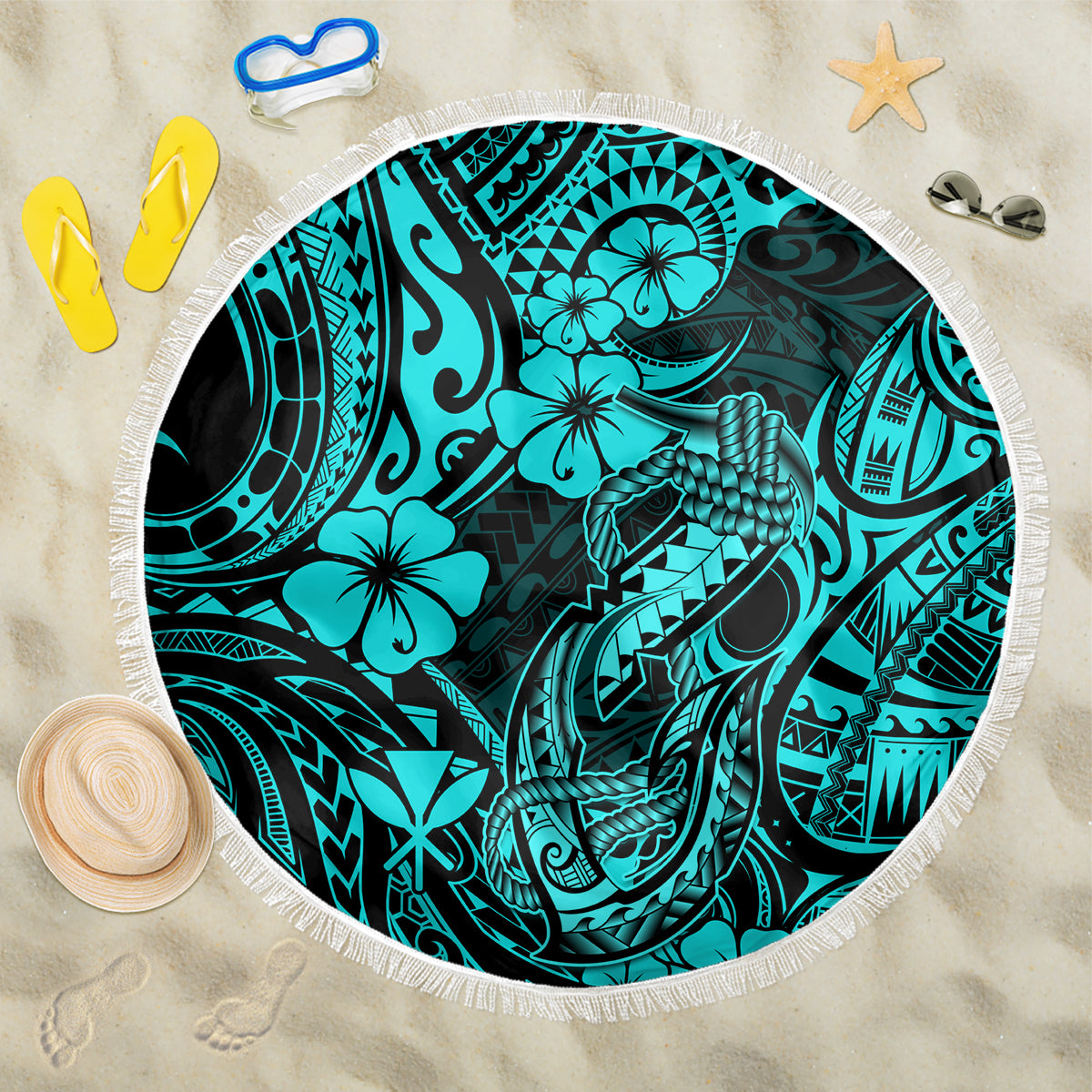 Hawaii Fish Hook Beach Blanket Hibiscus Hawaii Tribal Tattoo Turquoise Version - Wonder Print Shop