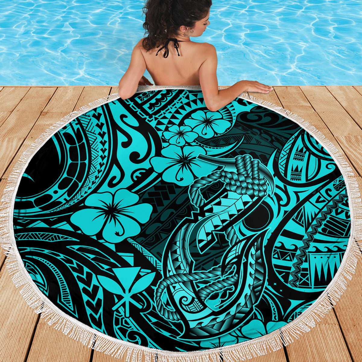 Hawaii Fish Hook Beach Blanket Hibiscus Hawaii Tribal Tattoo Turquoise Version - Wonder Print Shop