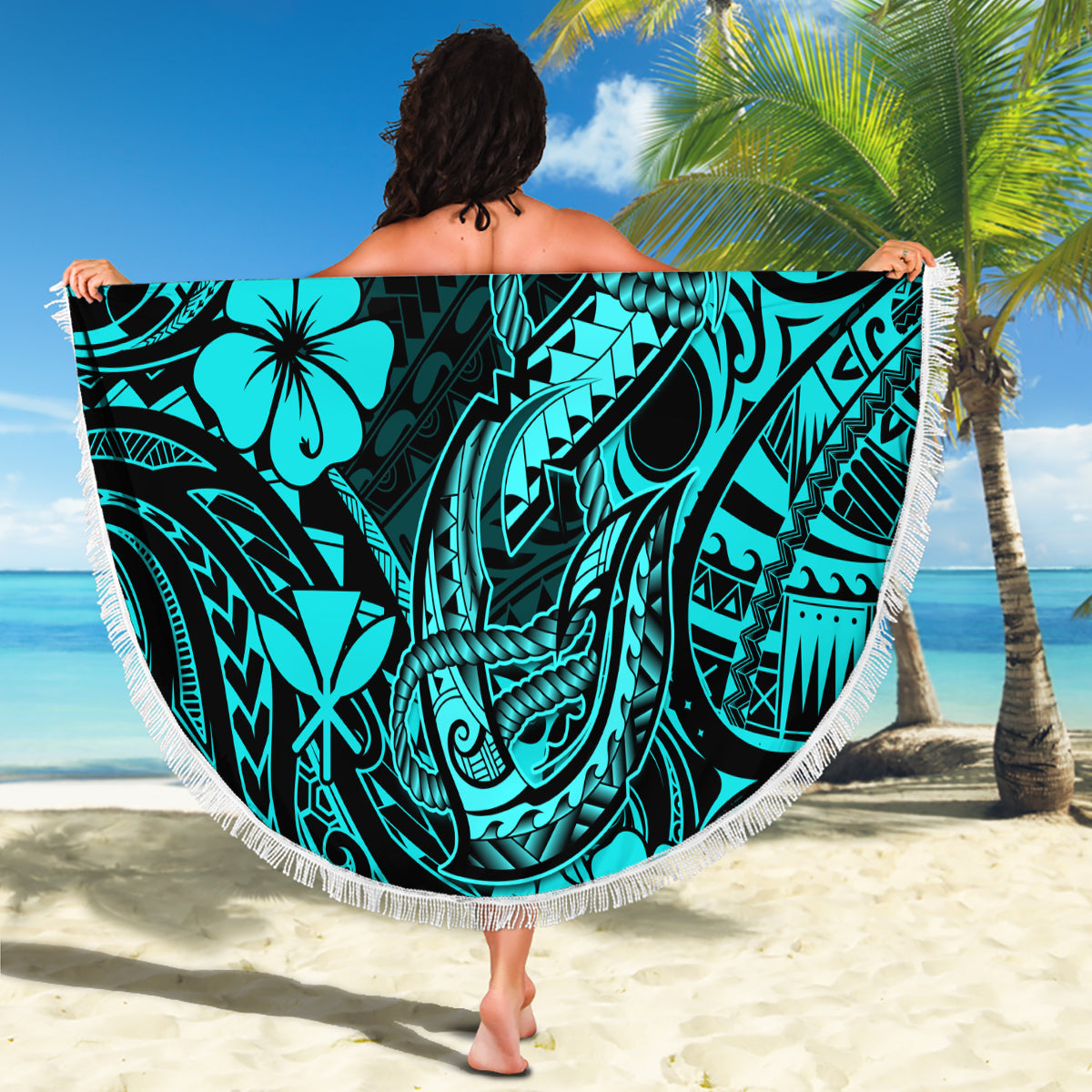 Hawaii Fish Hook Beach Blanket Hibiscus Hawaii Tribal Tattoo Turquoise Version - Wonder Print Shop