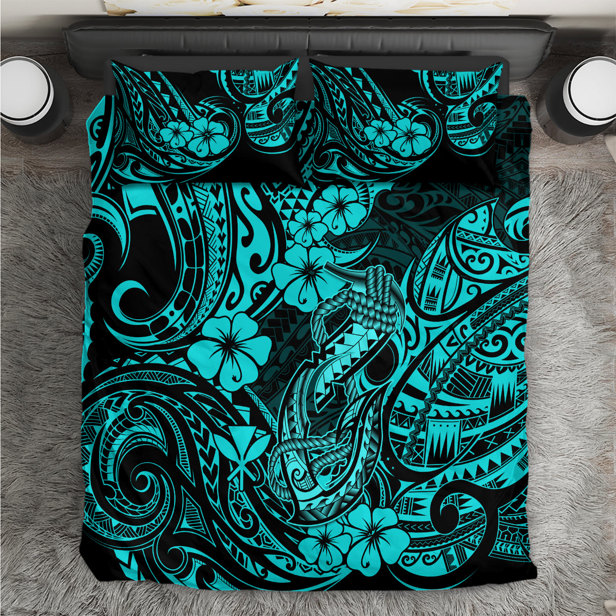 Hawaii Fish Hook Bedding Set Hibiscus Hawaii Tribal Tattoo Turquoise Version - Wonder Print Shop