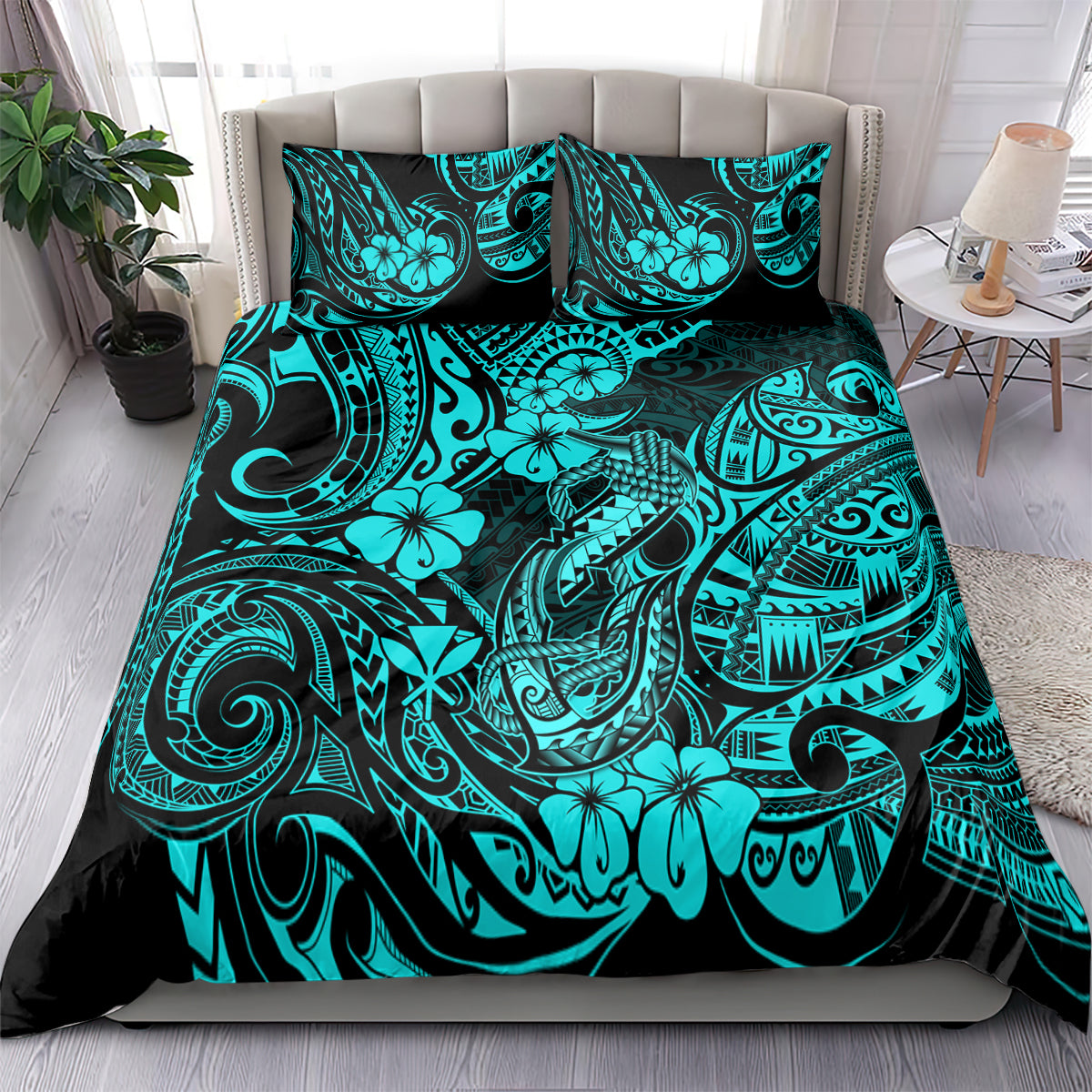 Hawaii Fish Hook Bedding Set Hibiscus Hawaii Tribal Tattoo Turquoise Version - Wonder Print Shop