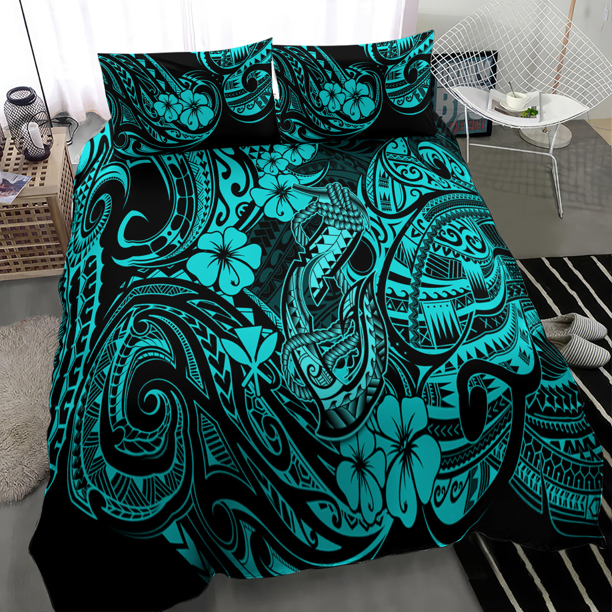 Hawaii Fish Hook Bedding Set Hibiscus Hawaii Tribal Tattoo Turquoise Version - Wonder Print Shop
