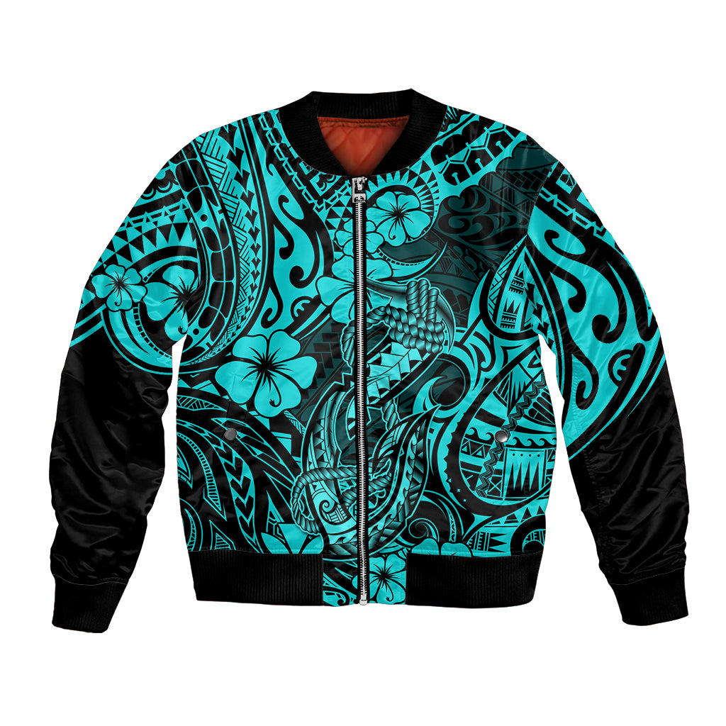 Hawaii Fish Hook Bomber Jacket Hibiscus Hawaii Tribal Tattoo Turquoise Version - Wonder Print Shop