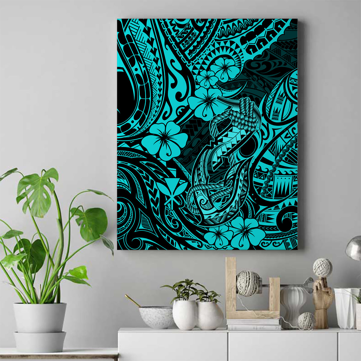 Hawaii Fish Hook Canvas Wall Art Hibiscus Hawaii Tribal Tattoo Turquoise Version - Wonder Print Shop