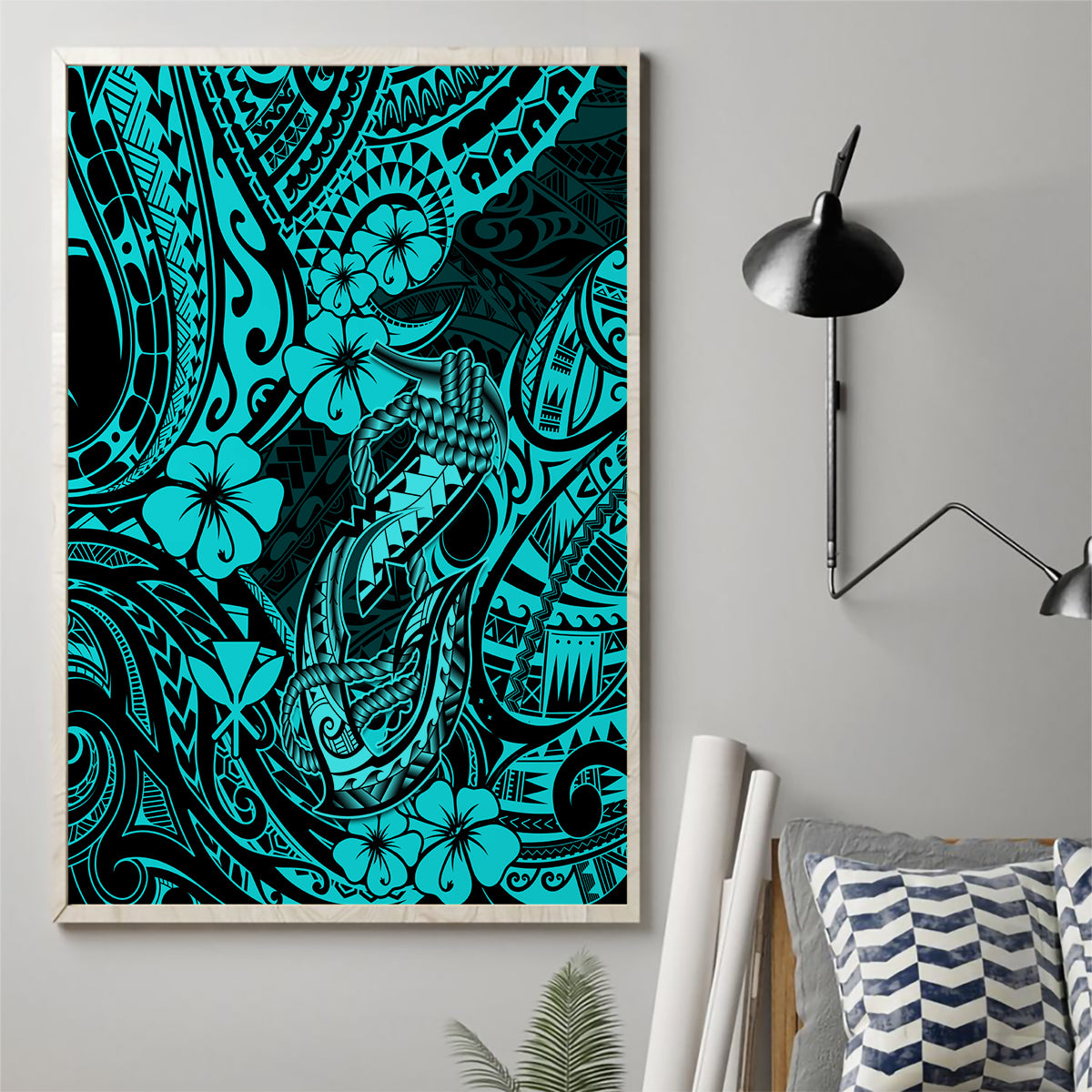 Hawaii Fish Hook Canvas Wall Art Hibiscus Hawaii Tribal Tattoo Turquoise Version - Wonder Print Shop