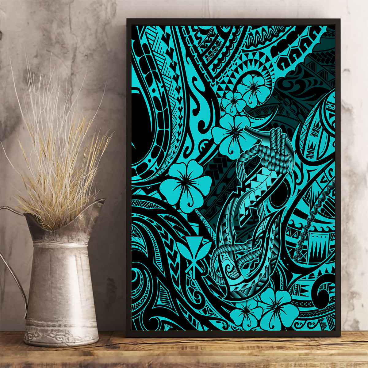 Hawaii Fish Hook Canvas Wall Art Hibiscus Hawaii Tribal Tattoo Turquoise Version - Wonder Print Shop